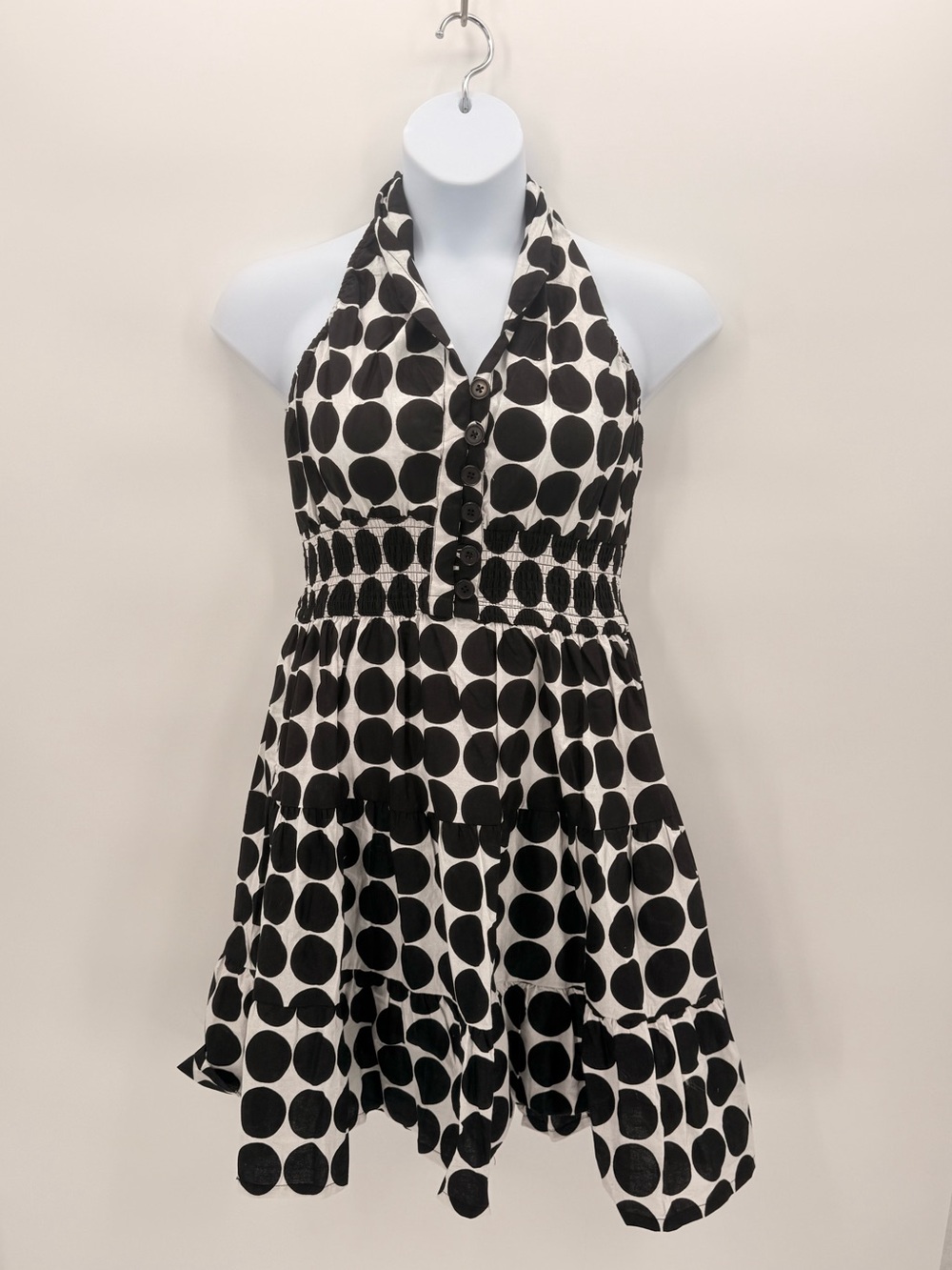 STEP IN STYLE Polka Dot Halter Dress Smocked Waist Tiered Fit Flare Cotton